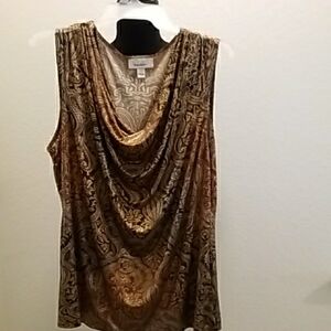 dressbarn Brown and Gold Patterned Sleeveless Blouse